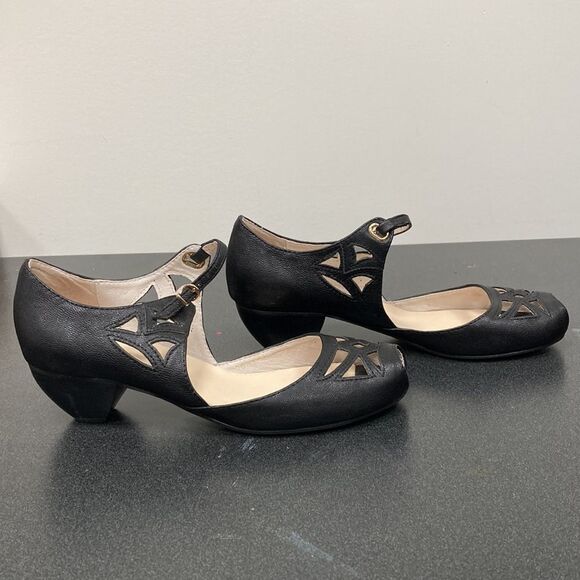 All Black the Brand Anthropologie Black Leather Cut Out Peep Toe Mary Jane Heels - Picture 10 of 12